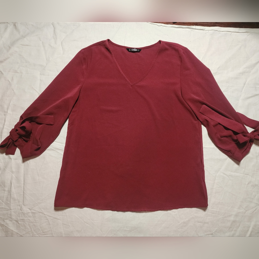 SHEIN Blouse Women's Small Burgundy Long Tie Sleeve Shirt Sheer V-Neck Top